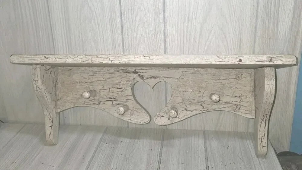 Vintage Heart Cut Out Wooden Wall Shelf White Washed Shabby Chic Pegs Heritage